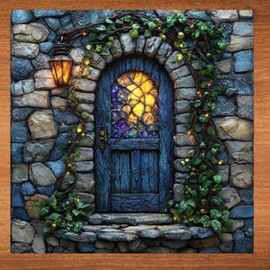 May include: A whimsical illustration of a blue wooden door set into a stone wall. The door features a stained-glass window with yellow and purple hues. A lantern hangs to the left, and vines with small lights frame the door.
