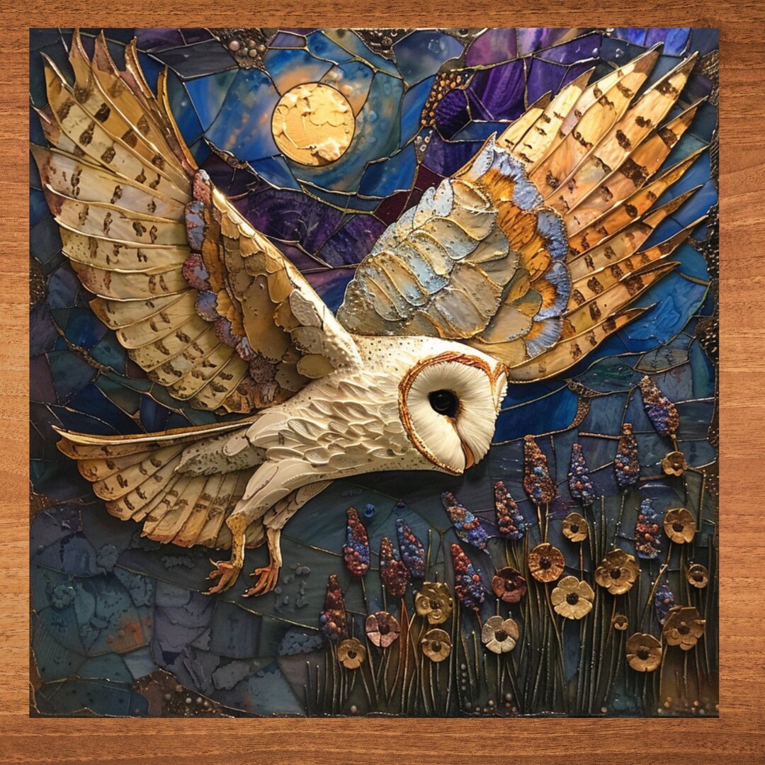 Owl In Flight Inlay Barn Owl in Flight Stained Glass Look Art on Glossy Ceramic Tile ...