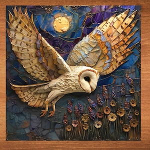 Barn Owl in Flight Stained Glass Look Art on Glossy Ceramic Tile Decorative Gift Artful Mosaic Wall Decor