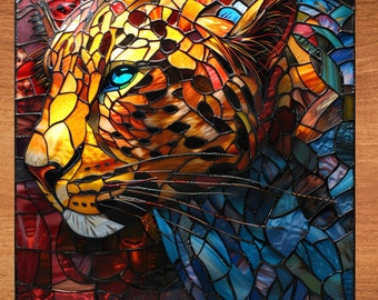 Leopard Stained Glass Look Art on Glossy Ceramic Decorative Tile Tileful Artful Mosaic Wall Decor