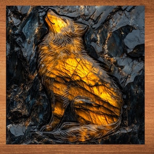 May include: A carved wolf sculpture made from labradorite gemstone. The wolf is howling with its mouth open and its head tilted back. The labradorite is a deep gold color with iridescent flashes of blue and green.