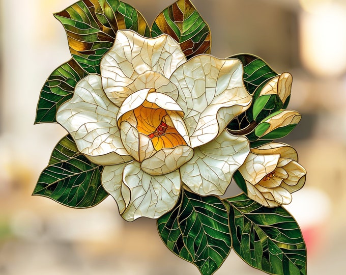 Gardenia Stained Glass Window Cling Beautiful Flower Window Artwork Window Decal Sticker Vinyl Film Gift for Nature Lover Her Mom