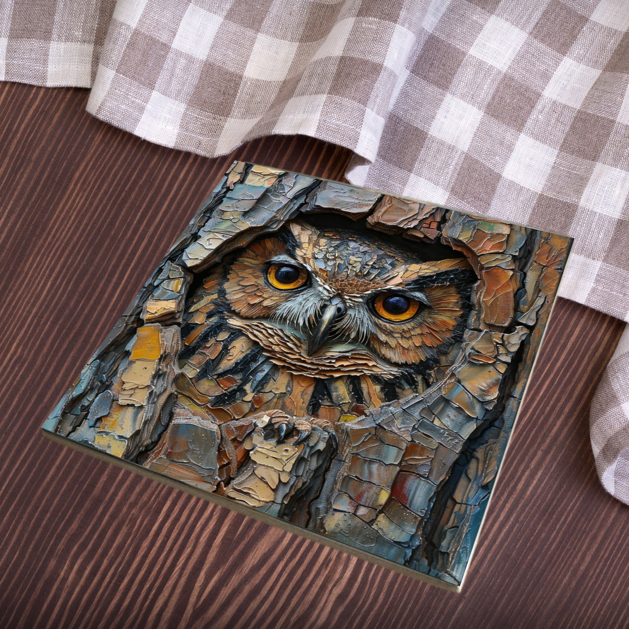Owl in Hollow Tree Stained Glass Look Art on Glossy Ceramic Tile Decorative Gift Artful Mosaic Wall Decor