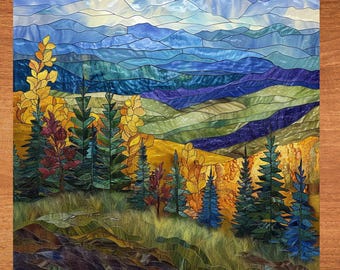 Fall Mountain Vista Ceramic Art Tile Stained Glass Look Glossy Bookshelf Book Nook Wall Decor Gift for Her Christmas