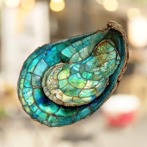 May include: A detailed illustration of an oyster shell with a blue, green, and gold mosaic pattern. The shell is open, revealing the inside of the oyster.
