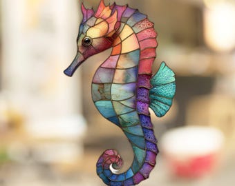 Cute seahorse Window Cling Stained Glass Look Decal Sticker Window Film No Adhesive Gift for Ocean Sea Creature