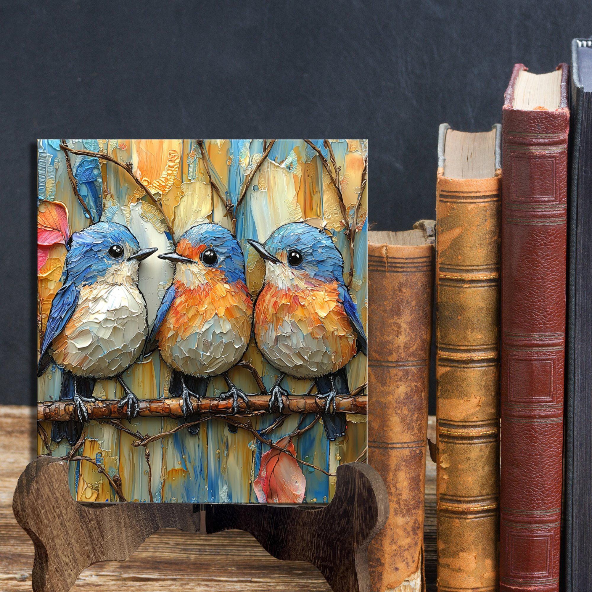 Row of Bluebirds Decorative Tile Ceramic Art Tile Wall Decor Bookshelf Book Nook Wall Art Gift for Her House Decoration