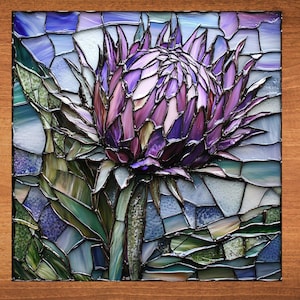 May include: A stained glass artwork depicting a purple thistle flower with green leaves against a blue and white background.