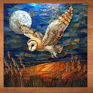 Barn Owl in Flight Stained Glass Look Art on Glossy Ceramic Tile Decorative Gift Artful Mosaic Wall Decor