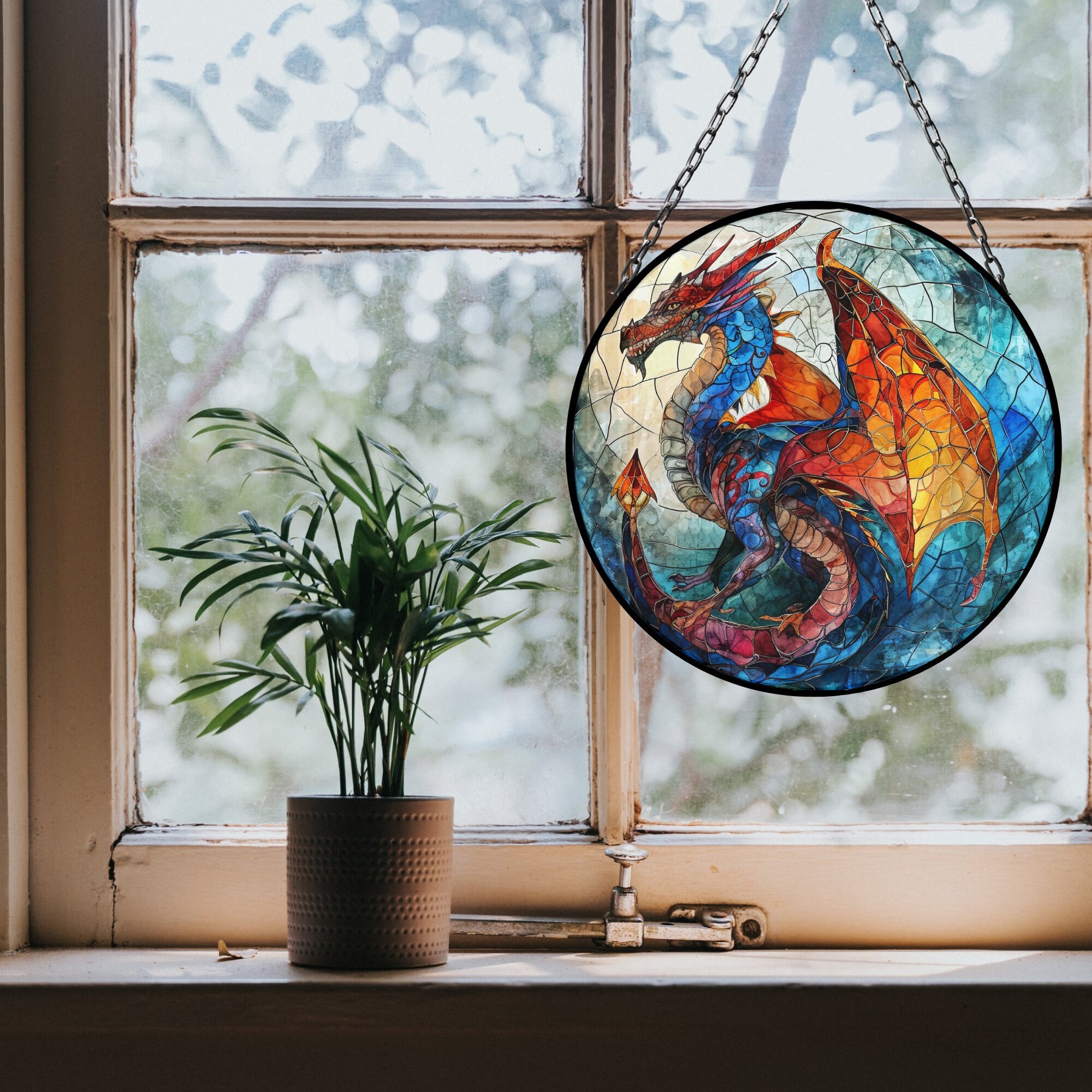 Drago colorato da appendere, acchiappasole, vetrate