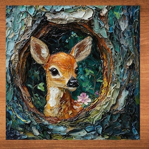 May include: A painting of a fawn with brown fur and large, dark eyes, peeking out from a tree trunk. The background is a dark green with hints of blue and purple, suggesting a forest setting.