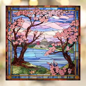 Cherry Blossoms in Washington D.C. Stained Glass Window Cling Window Decal Sticker Reusable Window Cling Arful Window Decor