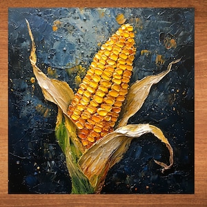 May include: A close-up of a yellow corn cob with husks, painted in a textured style on a dark blue background.