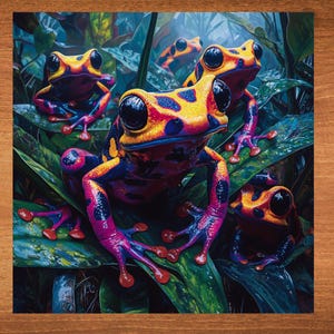 May include: Four brightly colored frogs with yellow, orange, pink, and black markings are perched on green leaves. The frogs have large, black eyes and are sitting in a lush, tropical setting.
