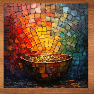 May include: A mosaic painting of a bowl filled with gold coins. The bowl is brown and the coins are yellow. The background is a rainbow of colors.