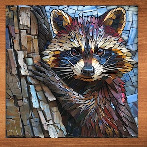 Raccoon Stained Glass Look Art on Glossy Ceramic Decorative Tile Tileful Artful Mosaic Wall Decor
