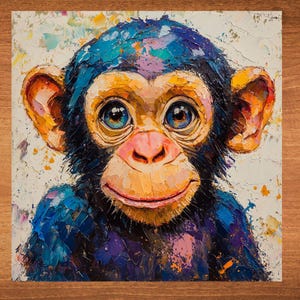 Puede incluir: Una pintura de primer plano de un bebé chimpancé con ojos azules y una gran sonrisa. El chimpancé está pintado en un estilo colorido con tonos azules, morados, amarillos y rosas.