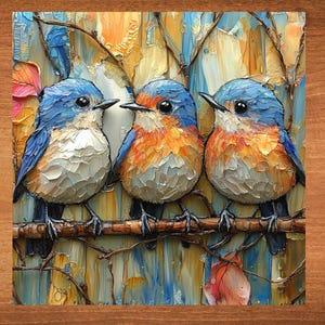 May include: Three bluebirds perched on a branch, painted in a textured style. The birds are facing different directions, with their wings spread out. The background is a blurred image of a forest.