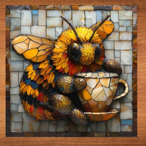 May include: A mosaic art piece of a bee holding a cup of coffee. The bee is made of colorful glass tiles and has a detailed face. The cup is also made of glass tiles and has a saucer.