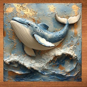May include: A blue and white whale sculpture leaping out of the water, with a textured background of blue, white, and gold paint.