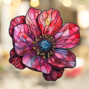 Anemone Stained Glass Window Cling Beautiful Flower Window Artwork Window Decal Sticker Vinyl Film Gift for Nature Lover Her Mom