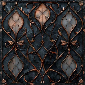 May include: A decorative metal windowpane with a dark blue background and intricate copper-colored designs. The windowpane is divided into three sections, each with a central diamond shape.