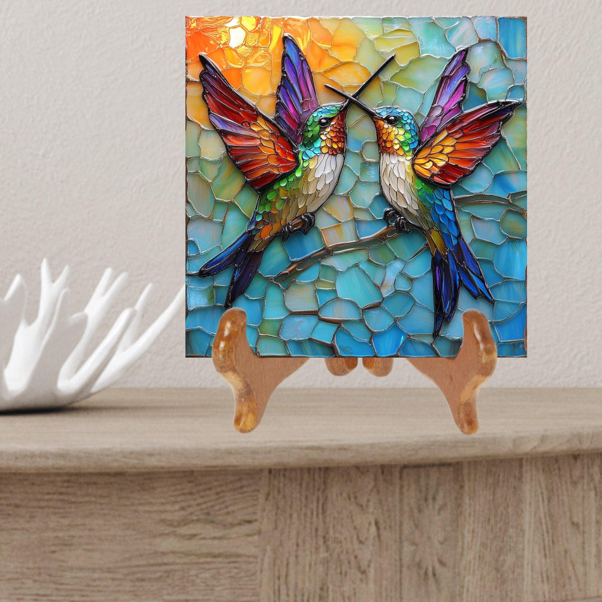 Hummingbirds Ceramic Art Tile Stained Glass Look Glossy Bookshelf Book Nook Wall Decor Gift for Her Christmas