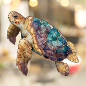 May include: A colorful sea turtle with a blue, purple, and gold shell. The turtle is swimming in the water with its head and flippers visible.