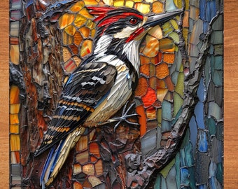 Woodpecker Stained Glass Look Art on Glossy Ceramic Decorative Tile Tileful Artful Mosaic Wall Decor