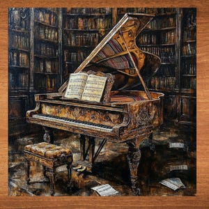 May include: A vintage grand piano with an open lid, sheet music on the keys, and a brown leather piano bench. The piano is in a room with bookshelves filled with books.
