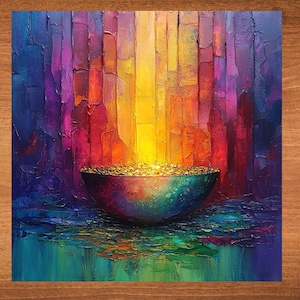 May include: Abstract painting of a bowl filled with gold, set against a background of vibrant purple, red, and yellow hues. The bowl is illuminated from above, casting a warm glow on the gold.