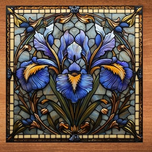 May include: A stained glass window depicting a blue iris flower with intricate details in gold and green. The flower is surrounded by a decorative frame.