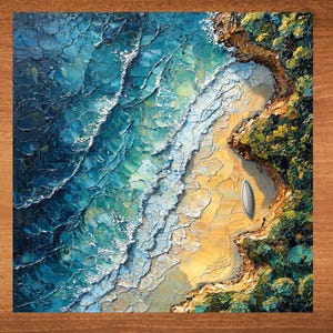 May include: An abstract painting of a beach scene with a single surfboard on the sand. The painting is done in a textured style with shades of blue, green, and yellow.