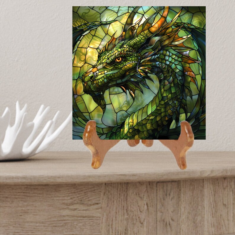 Green Dragon Stained Glass Look Art on Glossy Ceramic Decorative Tile ...
