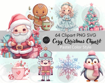 Cozy Christmas Clipart Bundle Pastel color version 64 SVG PNG Commercial use, Xmas clipart for invitation or creative projects, printable