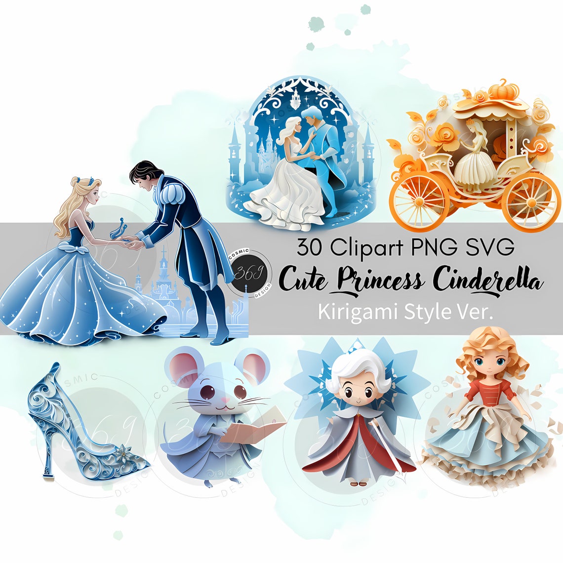 Princess Cinderella Clipart Bundle 30 PNG SVG Kirigami Style for ...