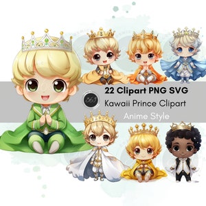 Kawaii Prince Clipart PNG SVG Bundle for personal & commercial use Anime Style 22 Designs, baby prince, black boy prince, printable download
