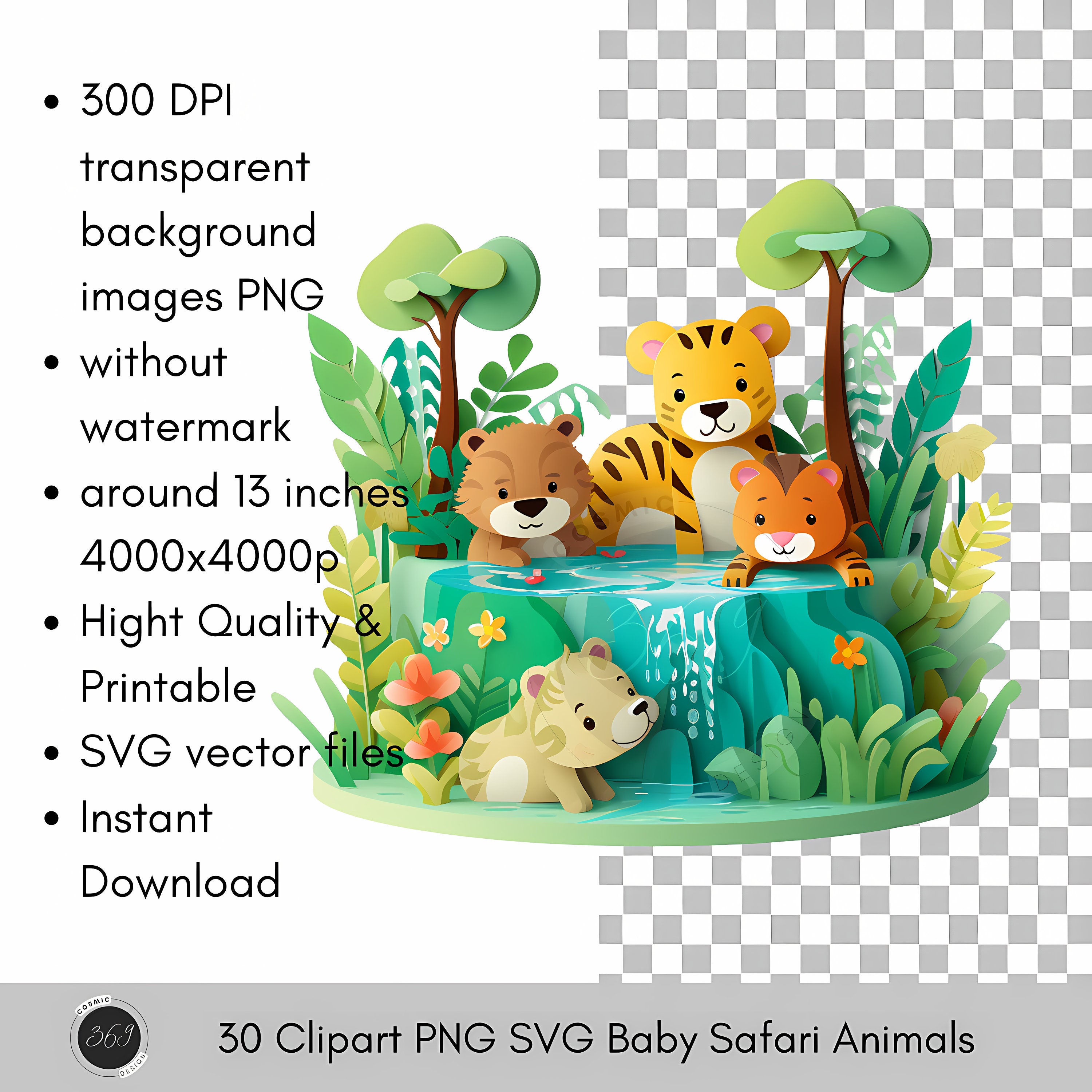 Baby Safari Animals Clipart Bundle Kirigami Paper Craft Style 30 PNG