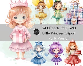 Princess Clipart, Watercolor Little Princesses 34 Designs Party Version, Birthday Clipart, Baby Girl Clipart, PNG SVG for creative projects