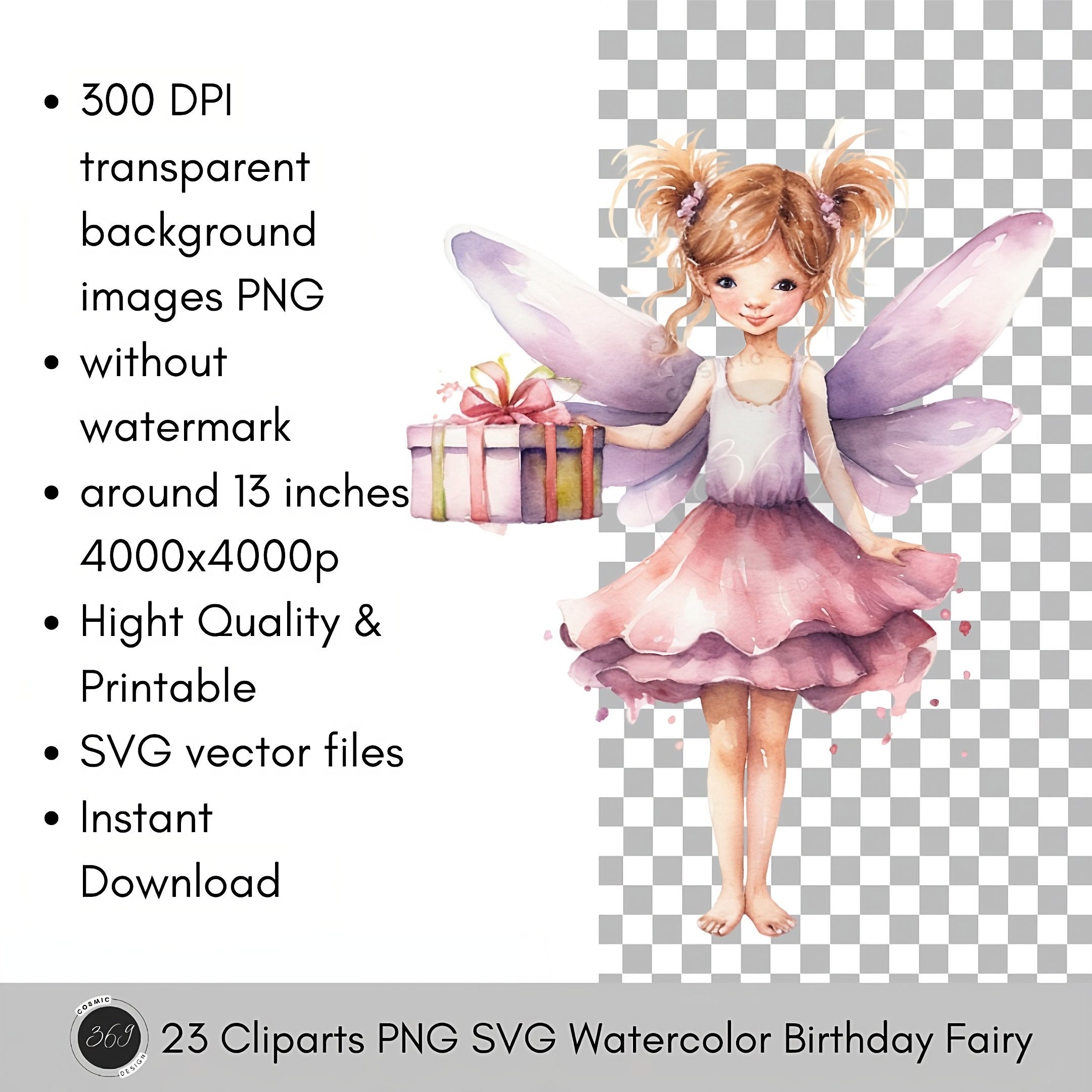 Watercolor Birthday Fairy Clipart Pack - 23 PNG - Fairy Clipart, Cute ...