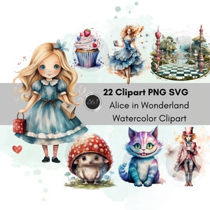 Alicja Kraina Czarów Clipart Akwarela 22 Projekty PNG SVG do użytku osobistego i komercyjnego, Przyjęcie Alicji Krainy Czarów, przyjęcie herbaciane, Do druku Pobierz