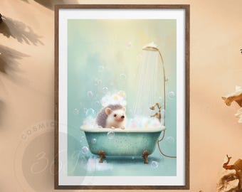 Watercolor Hedgehog Bathroom Art – Children Washroom decor, Funny Retro Wall Decor