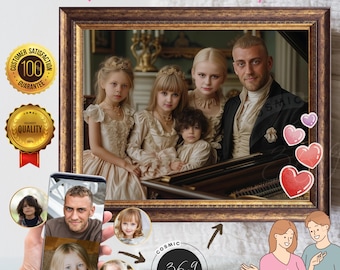custom-portrait gift Custom Renaissance Royal Family Portrait from Photo 5 people, Single dad 4 child, unique personal gift Anniversary Gift