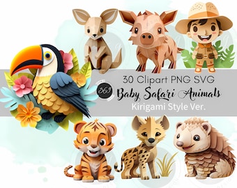 Baby Safari Animals Clipart Bundle Kirigami paper craft Style 30 PNG SVG for personal & commercial use, Cute Baby Shower Nursery Decor