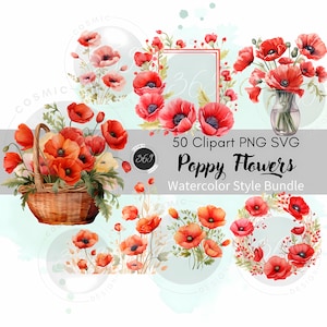 Aquarell Mohn Clipart Bundle 50 PNG SVG für persönlichen & kommerziellen Gebrauch, roter Mohn svg, Mohn Grenzen, Blumenkranz, Partyeinladung png
