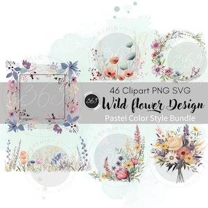 ワイルドフラワー クリップアート 46 PNG SVG パステルカラー スタイル バンドル (個人および商用利用向け)、花のフレーム ボーダー、パーティー ウェディング デコレーション用グラフィック