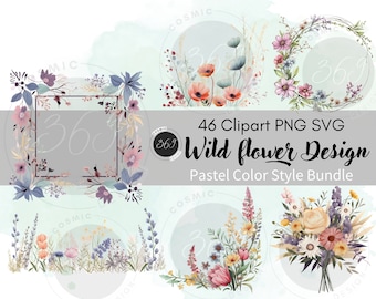 Wildflower Clipart 46 PNG SVG Pastel Color Style Bundle for personal & commercial use,  floral frame border, graphic for party wedding decor