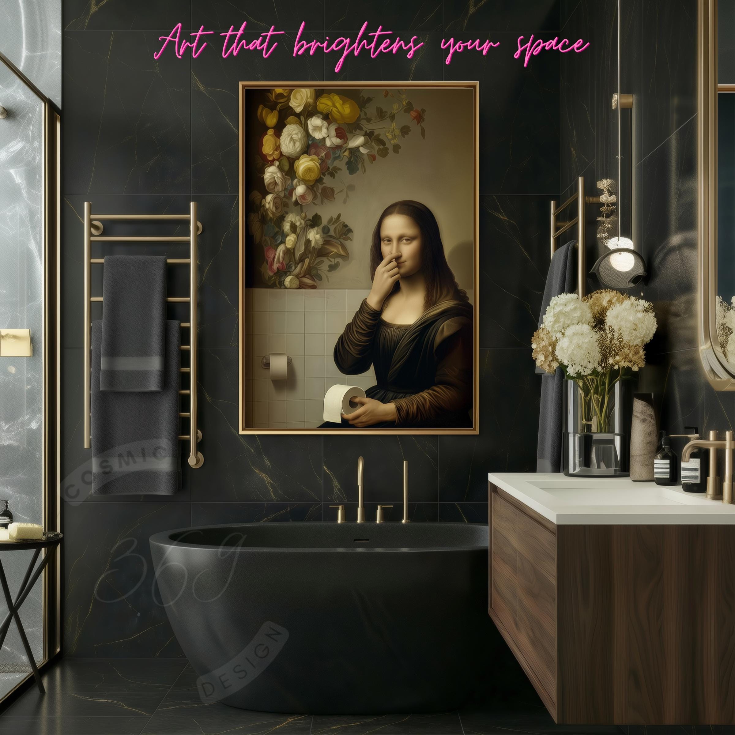 Funny Bathroom Wall Art Printable – Mona Lisa Holding Toilet Paper and ...
