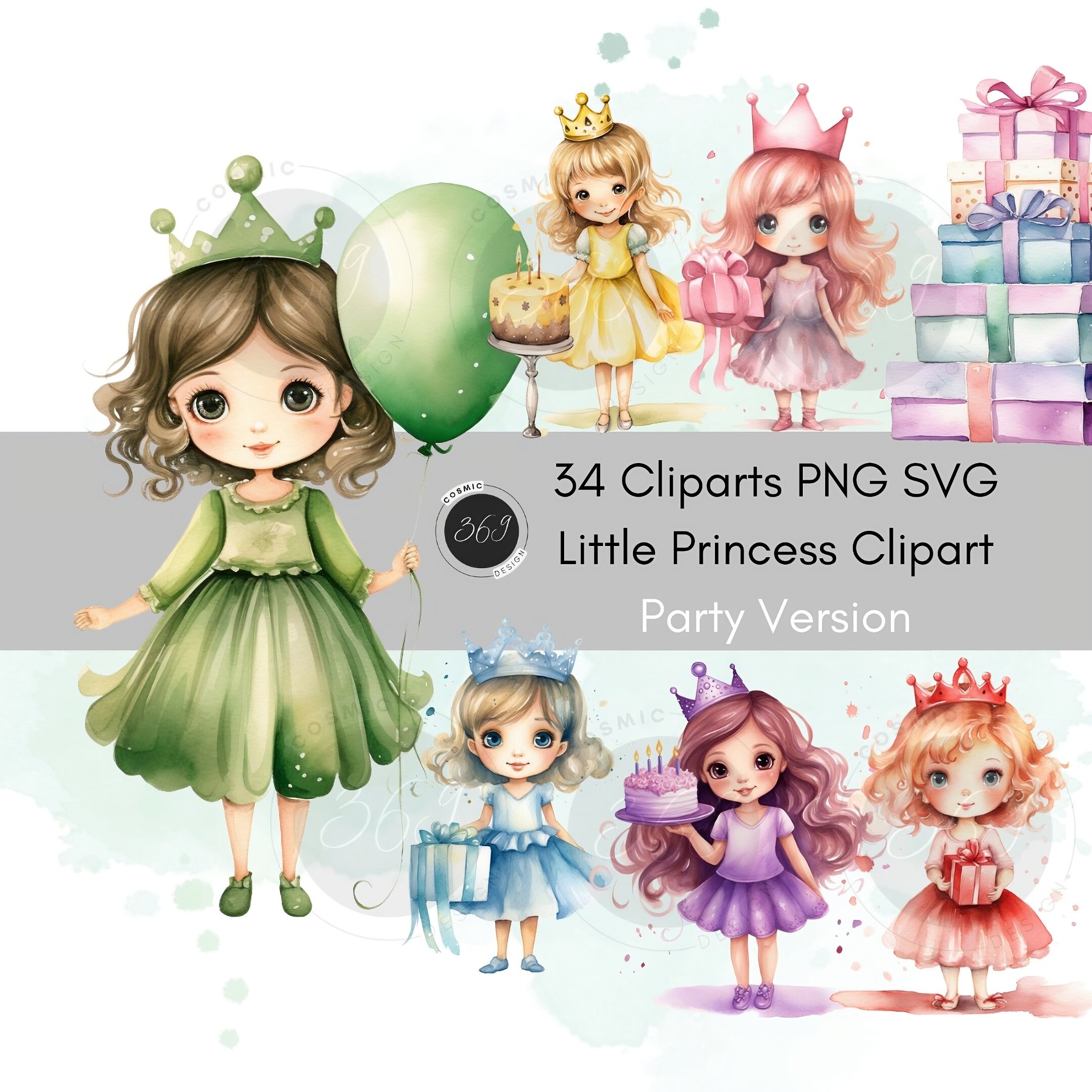 Princess Clipart, Watercolor Little Princesses 34 Designs Party Version ...