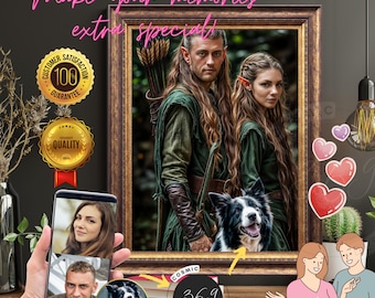 Couple Portrait from photo, Pet Portrait from photo, Family Portrait from photo Fantasy Middle Earth Style, Anniversary Gift Birthday Gift